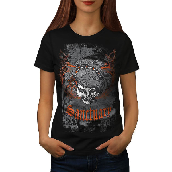 Orange Death Skull Women Blackt-shirt | Wellcoda M