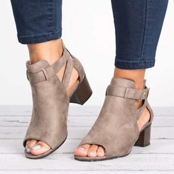 Dam Mid Block Klackskor Sandaler Peep Toe Ankel Boots Sommarskor Brown 41