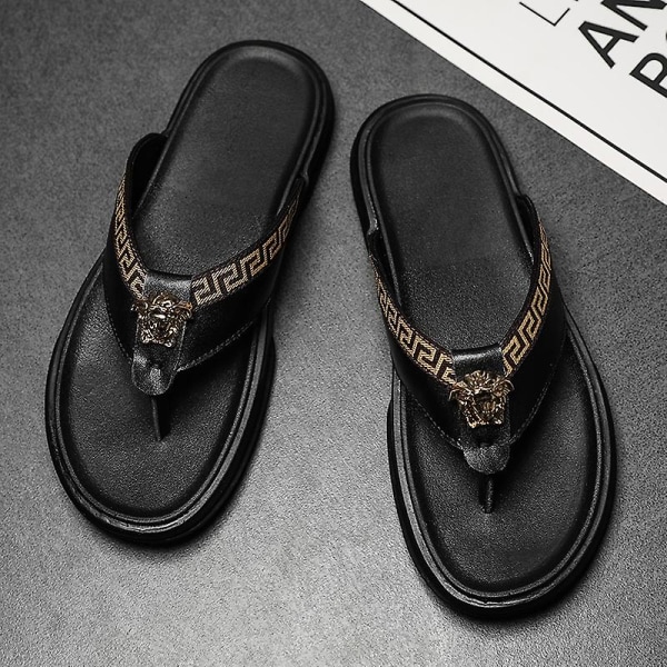 Herrflip-flops Läder Casual Sandaler Tofflor Mode Trend Strandskor 20223 Black 41