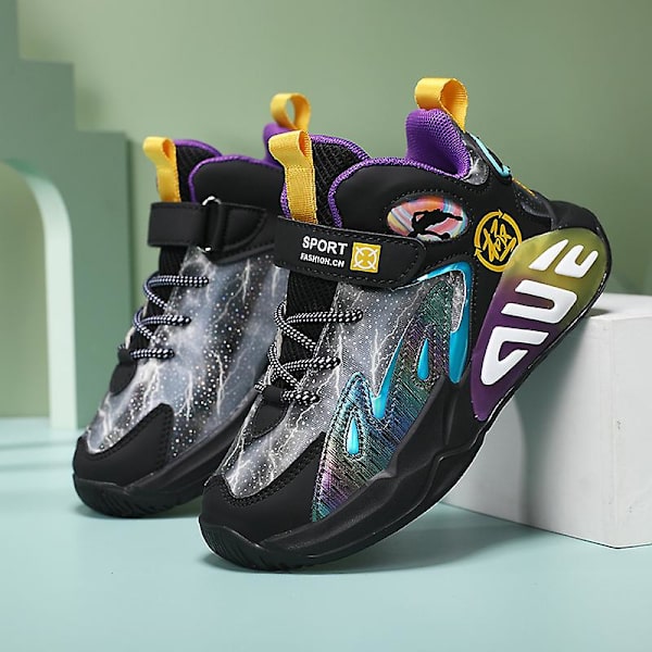 Barn Sneakers Pojkar Basketskor Halkfria Barn Sportskor 3B726 BlackPurple 30