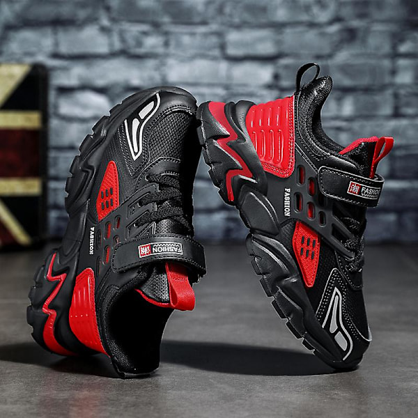 Barn Sneakers Andas löparskor Pojkar Flickor Mode Sportskor R2022 BlackRed 34