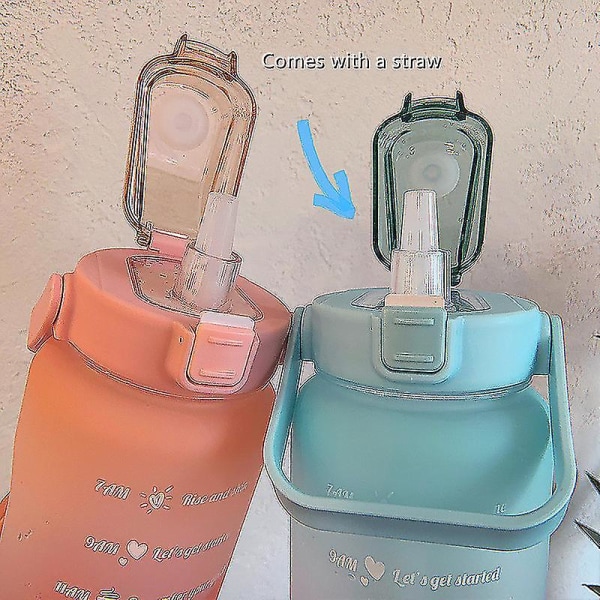 2l Bärbar vattenflaska med stor kapacitet Tidsmarkör Läcksäker Bpa frostad kopp för utomhussport dricksflaska med sugrör clear blue- sticker