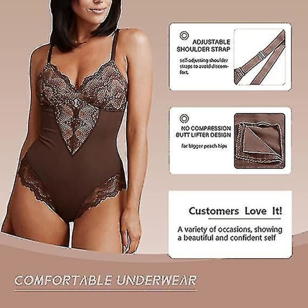 Spetsbody för kvinnor Magkontroll Shapewear V-ringad rygglös kamisole ärmlös smalare toppar Brown 2XL