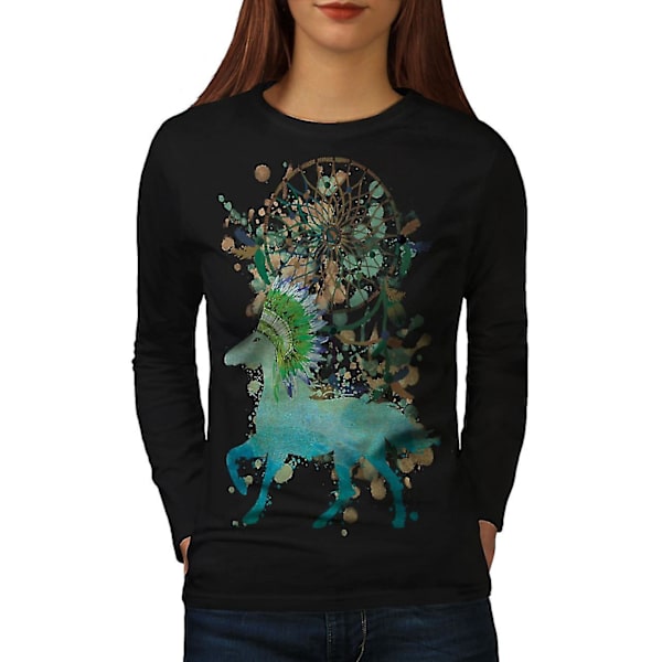 Svart långärmad T-shirt för indianhäst för kvinnor L