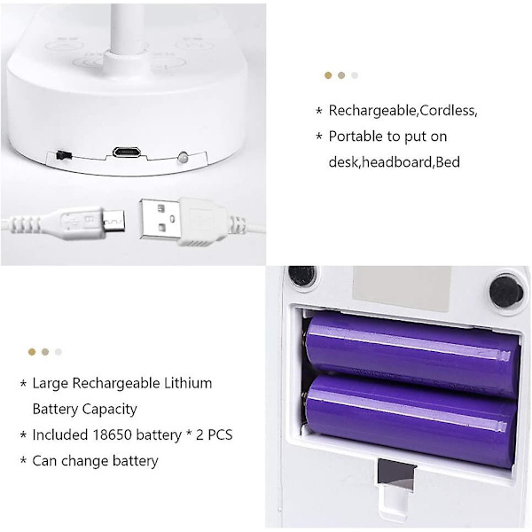 Sladdlös uppladdningsbar 2 batterier driven bordslampa 40 led, 3 färger Dimbar Justerbar