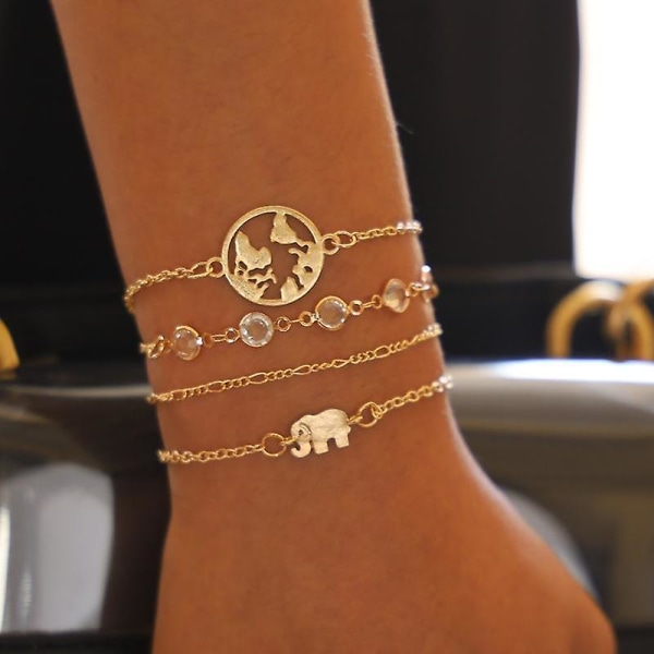4st/ set Karta Elephant Charm Armband för Kvinnor Guld Kristall Handledskedja Cool Hand Smycken Kvinna Br
