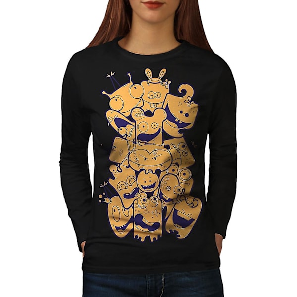 Tecknat ansikte glada kvinnor svart långärmad T-shirt | Wellcoda M