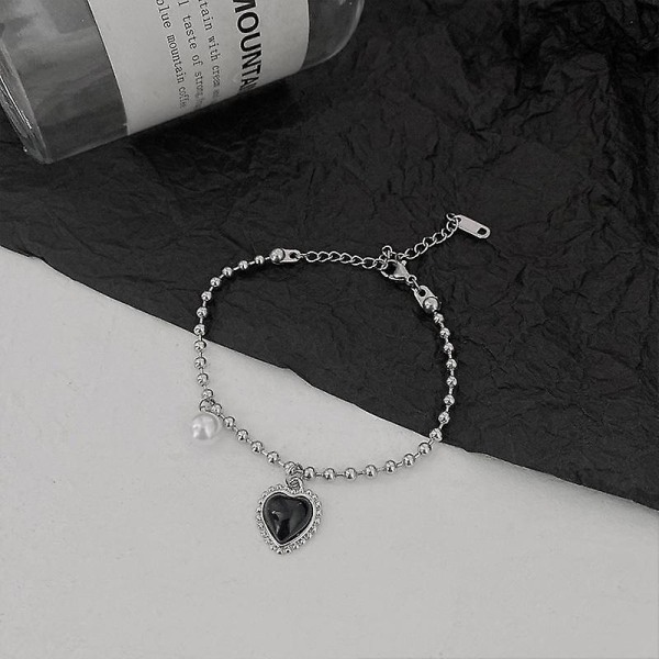 Black Heart Bead Armband for Women Vintage Pearl Charm Armband Rostfritt stål Smycken Mode El