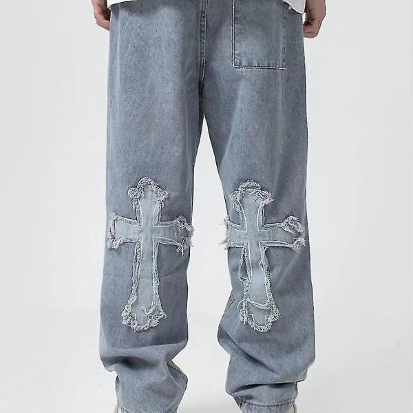 V-hanver Herr Streetwear Baggy Jeans Byxor Cross Hip Hop Herr Lösa Jeans Byxor Dam Oversized Boyfriend Jeans Denim Jeans S