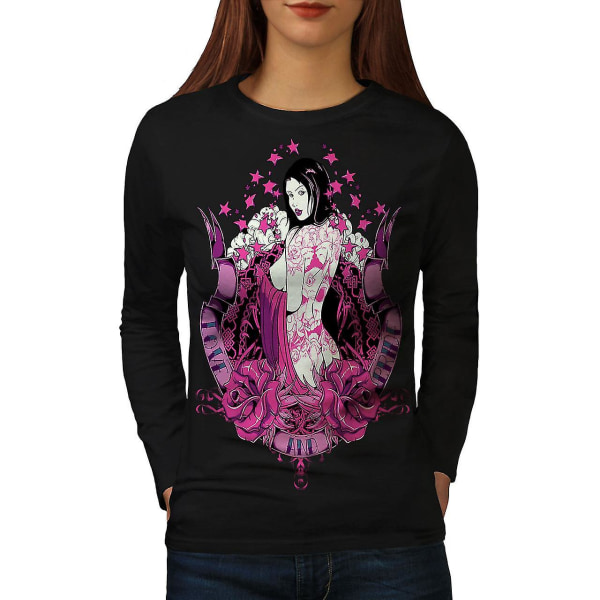 Sexig flicka ros kvinnor svart långärmad t-shirt | Wellcoda XL