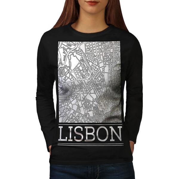 Lissabon Stadskarta Mode kvinnor Svart långärmad T-shirt | Wellcoda XL