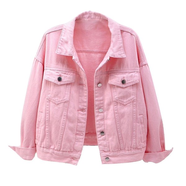 Kvinnor vår- och höstkappor Varma solida långärmade jeansjacka Ytterkläder Pink M