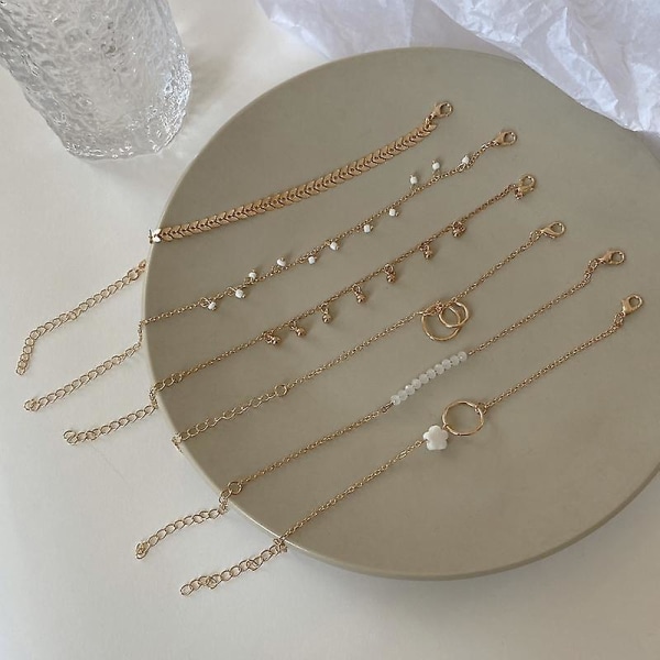 6 PC\Bohemian Gold Tofsarmband för kvinnor, Boho-smycken, geometriska löv, pärlor, lager hand C