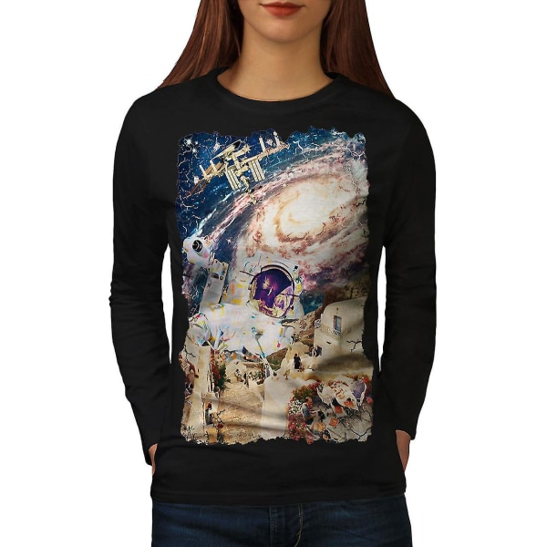 Galaxy Earth Cosmos Svart Långärmad T-shirt för kvinnor | Wellcoda M