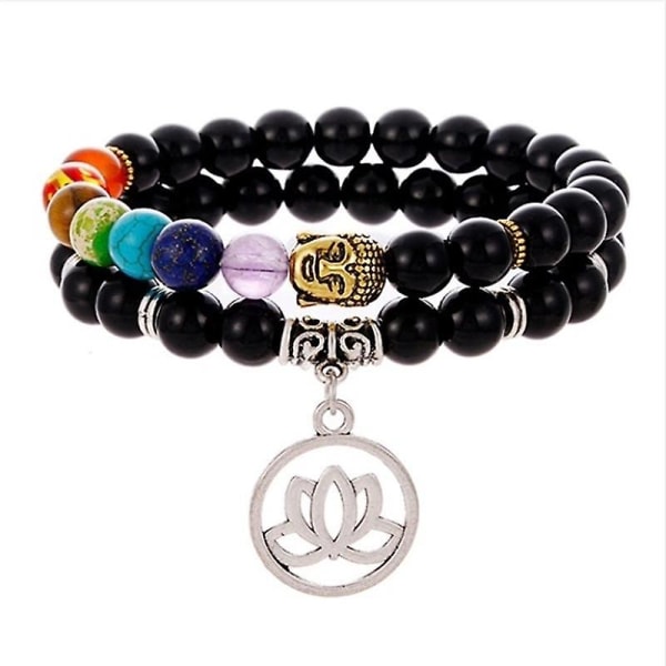 2 st Armband Buddha Head Hematit Malakit Tiger Eye Stone Färgglad Chakra Yoga Lotus hänge