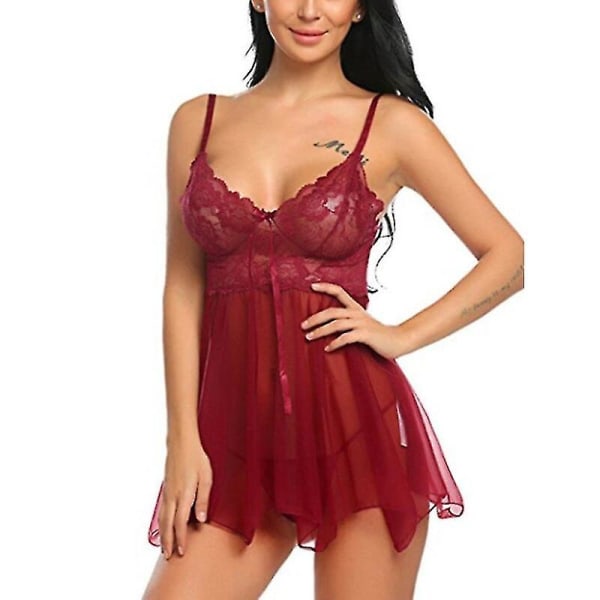 Sexiga Spetsunderkläder Topp Dam Nattklubb Silk See Through Mesh Sleepwears Ärmlös Bowknot Babydoll Thongs Nightdress 2022,vinröd Asian size S