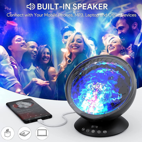 Projektionslampa 7 lägen Fjärrkontroll LED-lampa Inbyggd musikspelare Belysning Gästlampa, (svart)