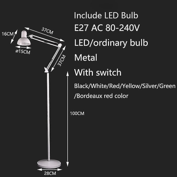 Smidesjärn Justerbar golvlampa E27 220v Lampa Vardagsrum Sovrum Kök (Vit)