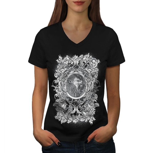 Skräck Mystical Beast Dam T-shirt med svart v-ringad hals L