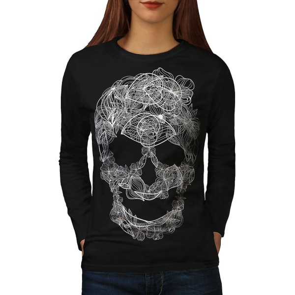Art Skull Flower Women Blacklong Sleeve T-shirt S