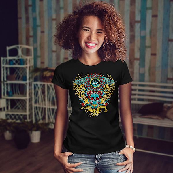 Hjärta Flame Eye Skull Kvinnor Blackt-shirt | Wellcoda M