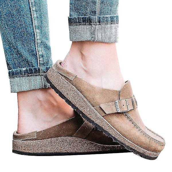 Kvinnor Slip On Buckle Loafers Tofflor Mocka Flat Pumps Sliders Skor Brown 41