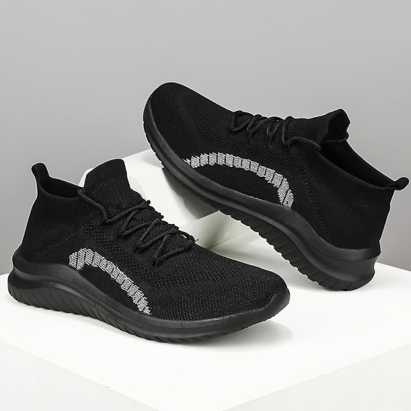 Sneakers för flugvävning för män Andas löparskor Mode sportskor 3A237 Black 44