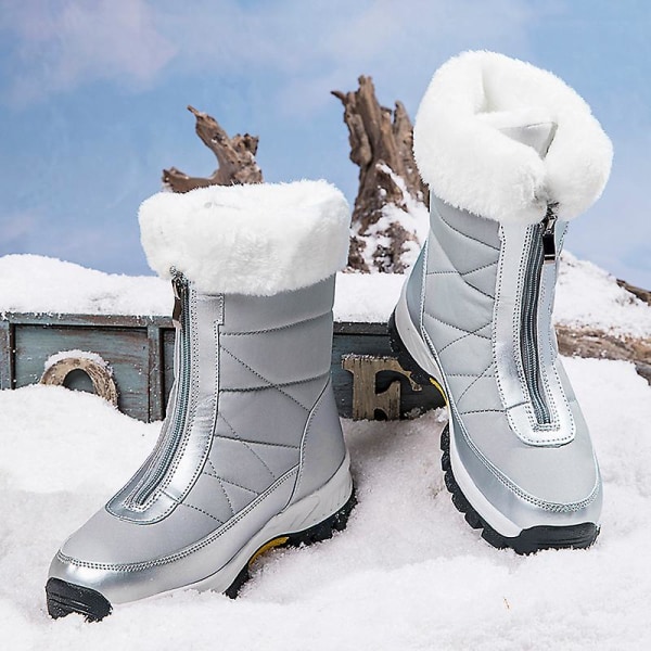 Snöstövlar för damer Vattentäta skor Anti-halk Casual Vintervandringskänga 2239 Silver 37