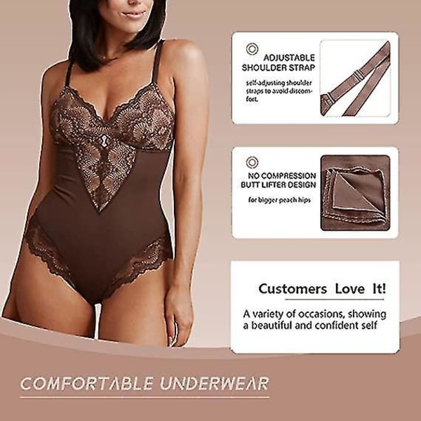 Spetsbody för kvinnor Magkontroll Shapewear V-ringad rygglös kamisole ärmlös smalare toppar Brown XL