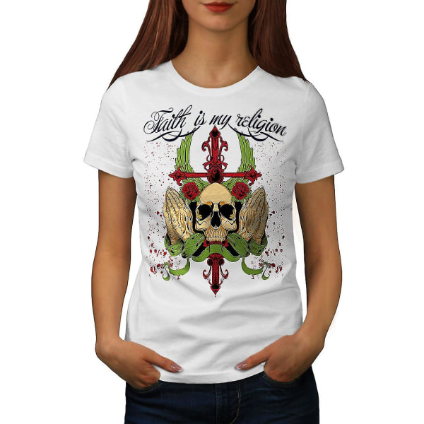 Faith My Religion Skull Whitet-shirt för kvinnor XL