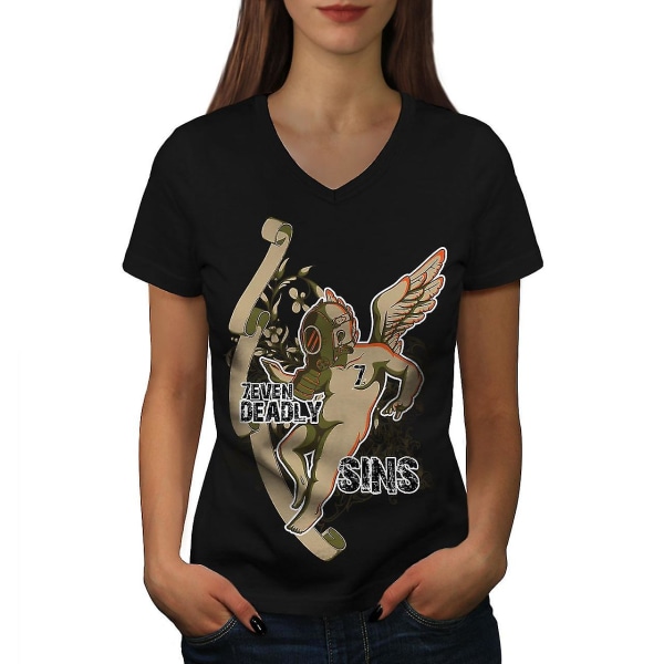 Deadly Sins Angel Horror Women Blackv-neck T-shirt 3XL