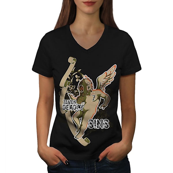 Deadly Sins Angel Horror Women Blackv-neck T-shirt XXL