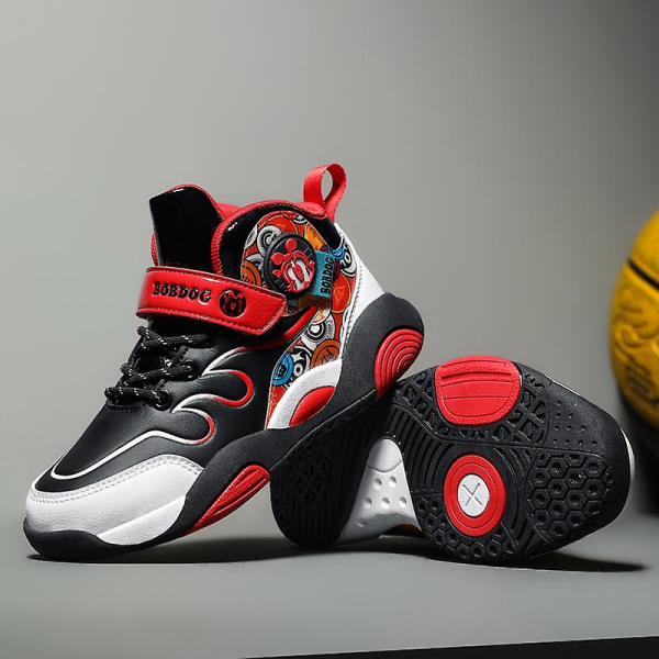 Barn Basketskor Mode Pojkar Flickor Sneakers Andas Sportskor 7692 BlackRed 30