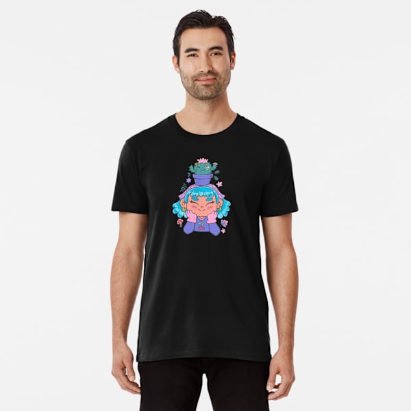 Söt och leende trädgårdsmästarflicka med kaktus och små växter kawaii Premium T-shirt Black L_Front