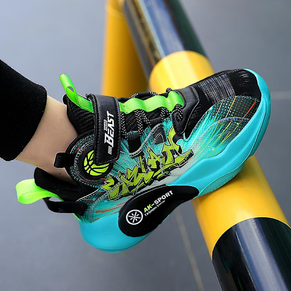 Barn Sneakers Andas löparskor Pojkar Flickor Mode Sportskor K1199 BlackGreen 34