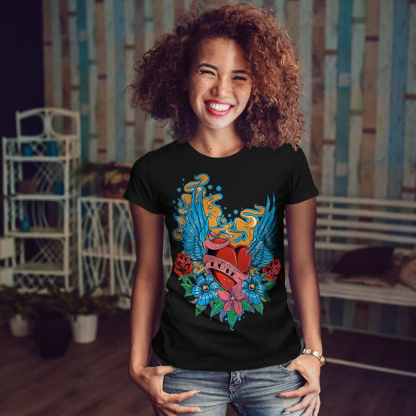 Love Rose Flower Fashion Women Blackt-shirt | Wellcoda L