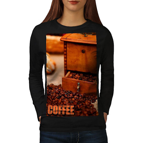 Kaffebönor färska kvinnor svart långärmad T-shirt M