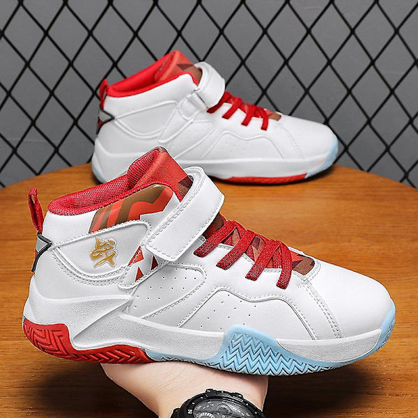 Barn basketskor Mode halkfria sneakers Andas sportskor 391 WhiteRed 34