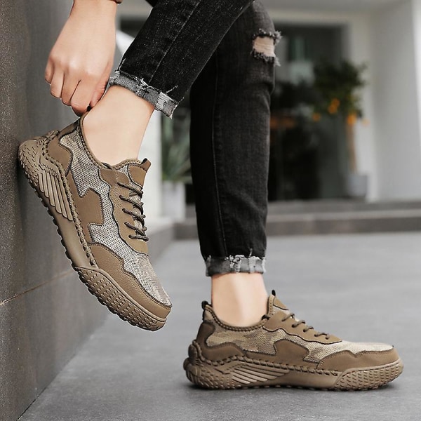 Promenadskor för män Andas Flying Woven Mesh joggingskor Halkfria sneakers 3C9903 Khaki 43