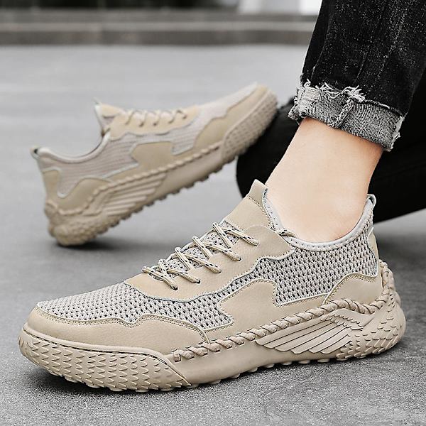 Promenadskor för män Andas Flying Woven Mesh joggingskor Halkfria sneakers 3C9903 Beige 41
