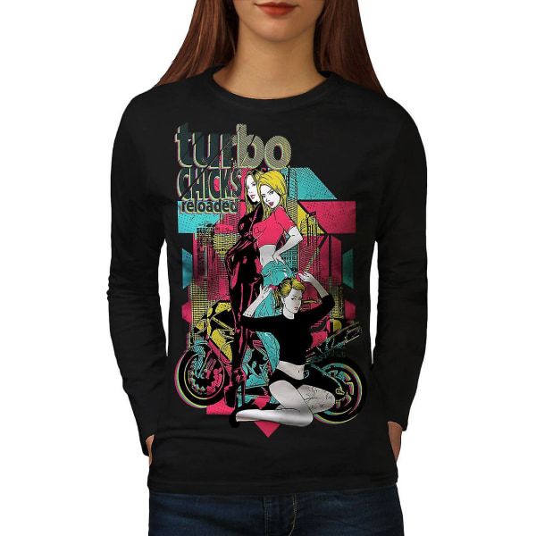 Turbo Chicks Cool Biker Women Blacklong Sleeve T-shirt XL