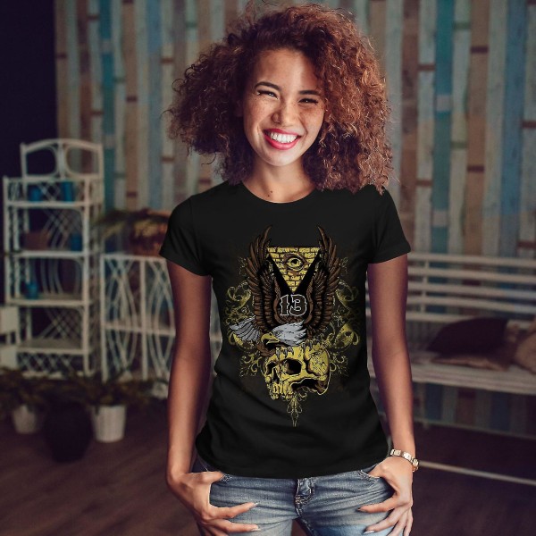 Triangle Eagle Skull Kvinnor Blackt-shirt | Wellcoda L