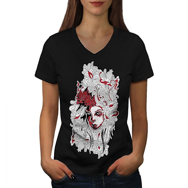 Smile Skrämmande Smile Dam T-shirt med svart v-ringad hals XL