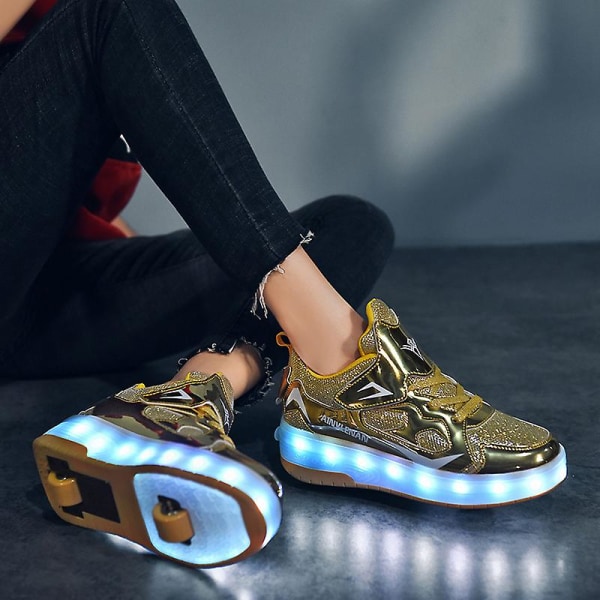 Barnsneakers Dubbelhjulsskor Led Light Shoes 623 Gold 32