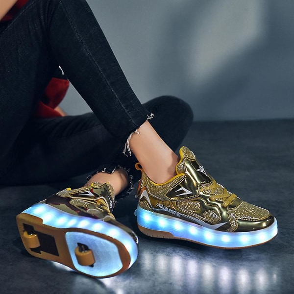 Barnsneakers Dubbelhjulsskor Led Light Shoes 623 Gold 33