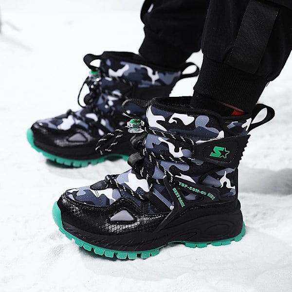 Snöskor för pojkar för flickor Vinterstövlar Ankelstövlar Barnstövlar Varm päls Anti-halk 2K9935 BlackGreen 34