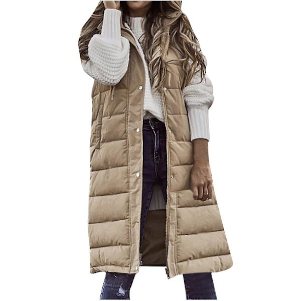 Enknäppt huva för kvinnor i enfärgad mellanlång vadderad väst ärmlös fickjacka Beige XL