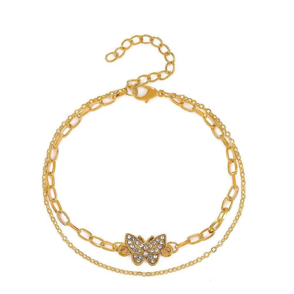 Butterfly Double Layer Link Chain Armband Kvinna Zirkon Guld Charm Armband Metal Geometric Jewelr