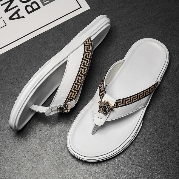 Herrflip-flops Läder Casual Sandaler Tofflor Mode Trend Strandskor 20223 White 41