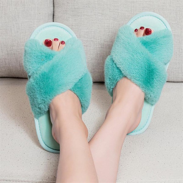 Kvinnors Tofflor Cross Band Mjuk plysch Furry Open Toe House Skor HB613 Blue 43